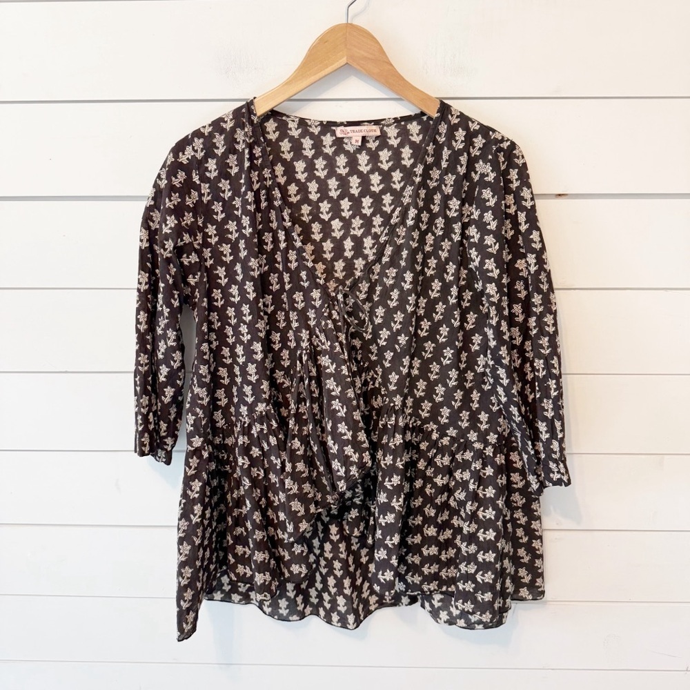 Trade cloth | Women’s Floral Open Front BoHo Ruffle 100% Cotton Top Size Medium